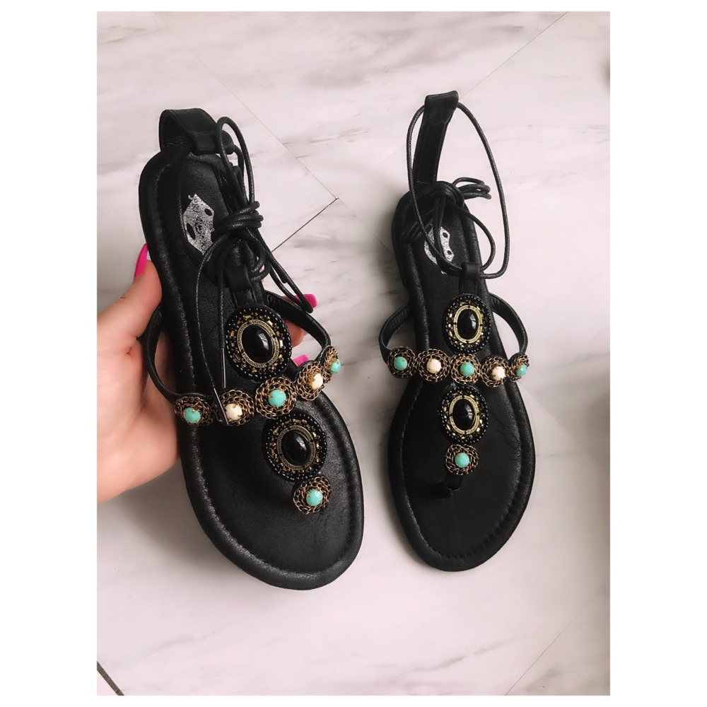 Black ankle wrap around sandals